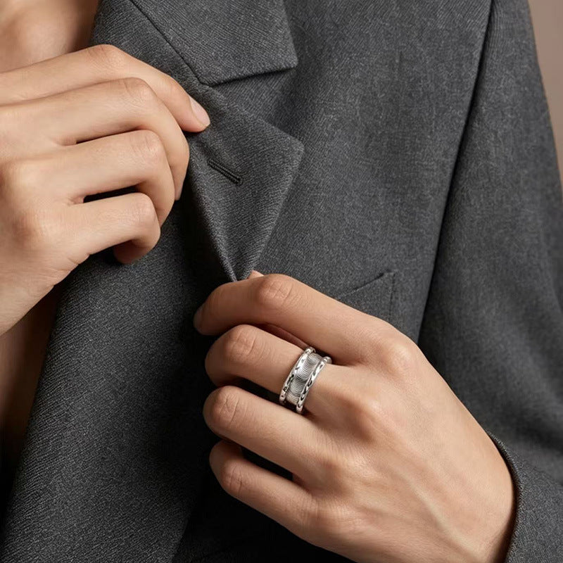 Adjustable sterling silver open ring with layered wave texture