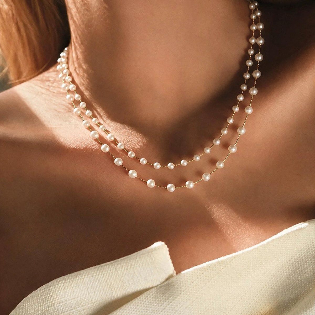 Woman wearing layered Elara freshwater pearl necklaces in 3 mm and 5 mm sizes