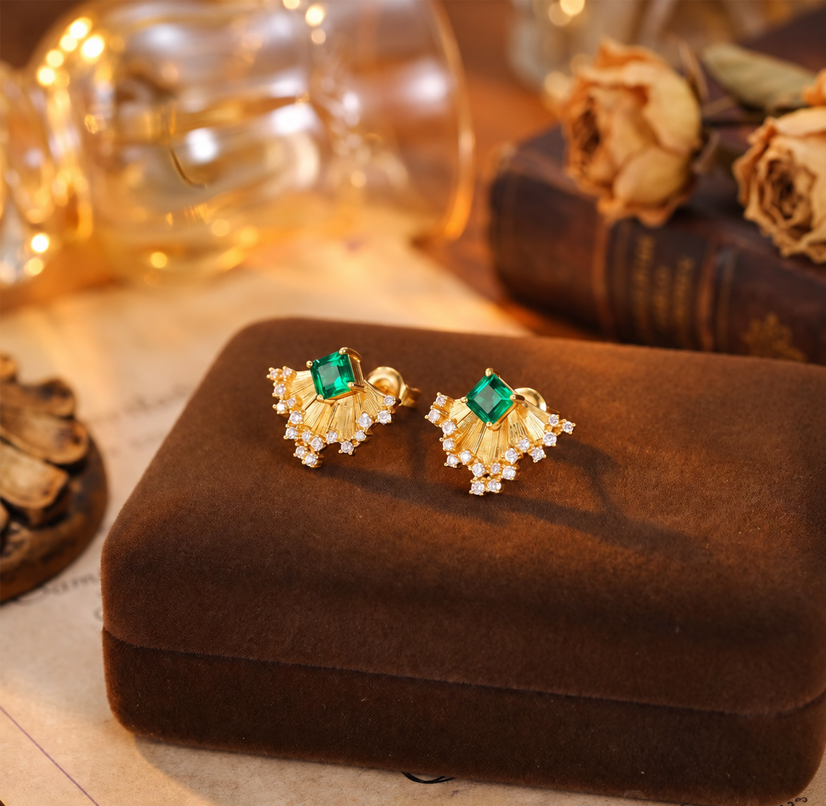 Verdant Fan Green Gemstone Stud Earrings