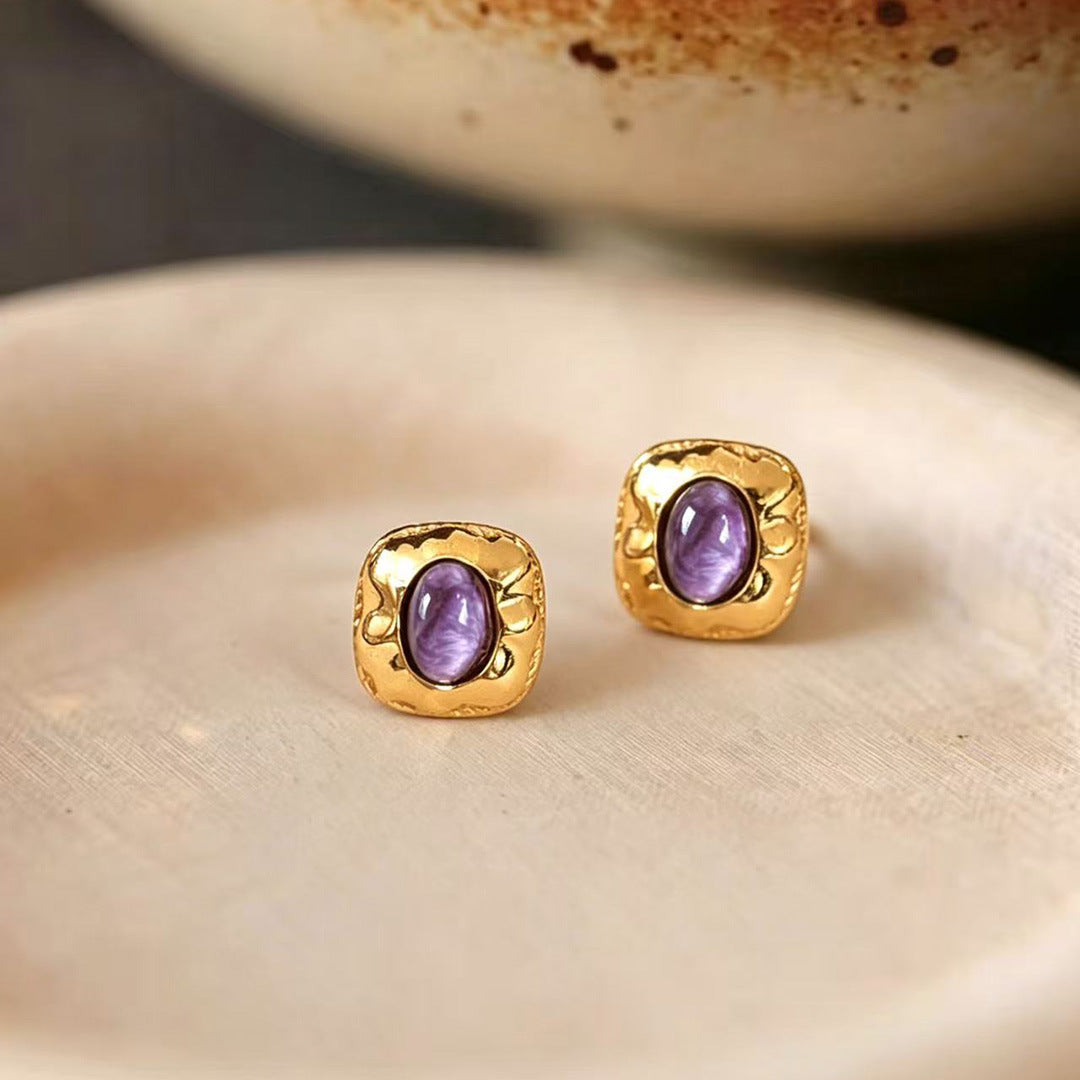 Gold-plated sterling silver stud earrings with natural purple charoite