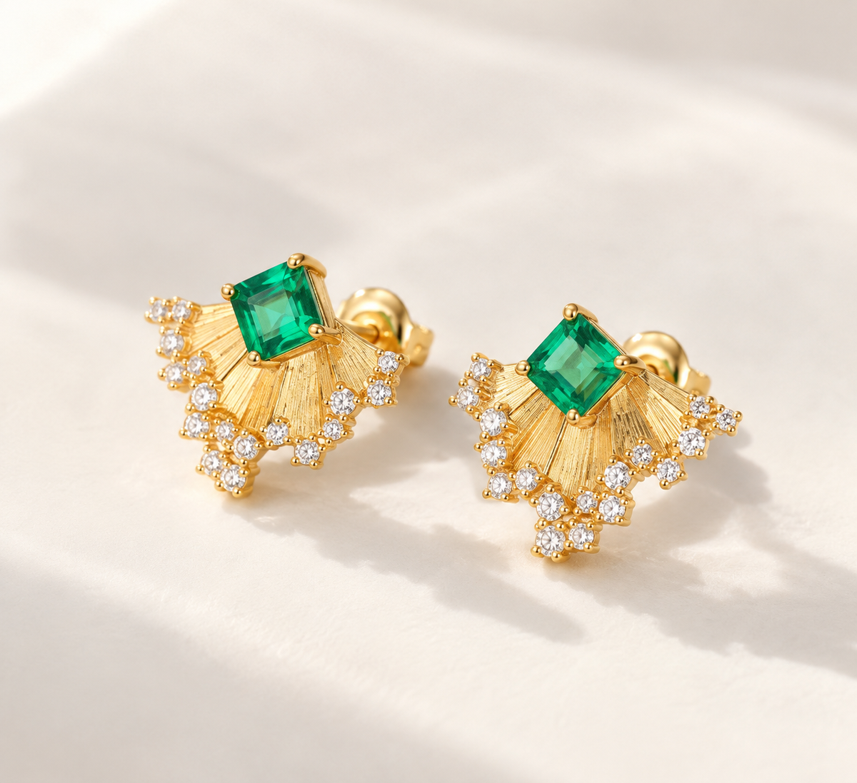 Verdant Fan Green Gemstone Stud Earrings