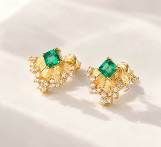 Verdant Fan Green Gemstone Stud Earrings