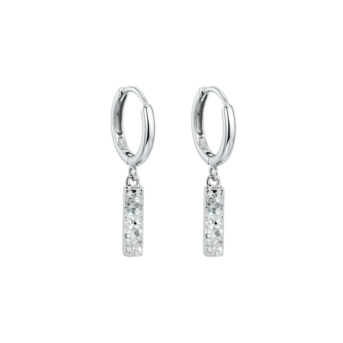 Silver Sora hammered bar drop earrings on a white background
