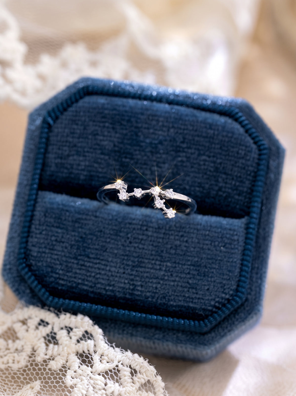 Celeste zodiac sterling silver ring in a jewelry box