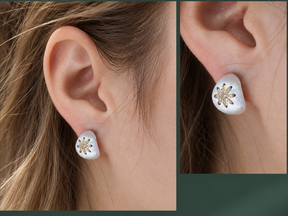 Model wearing an Astra two-tone zircon stud earring