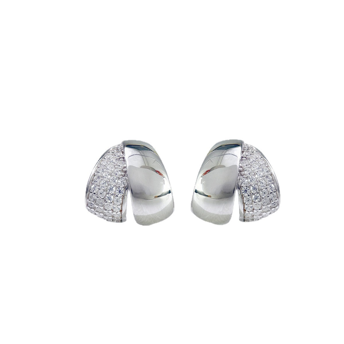 Polished sterling silver stud earrings with pavé zircon detailing