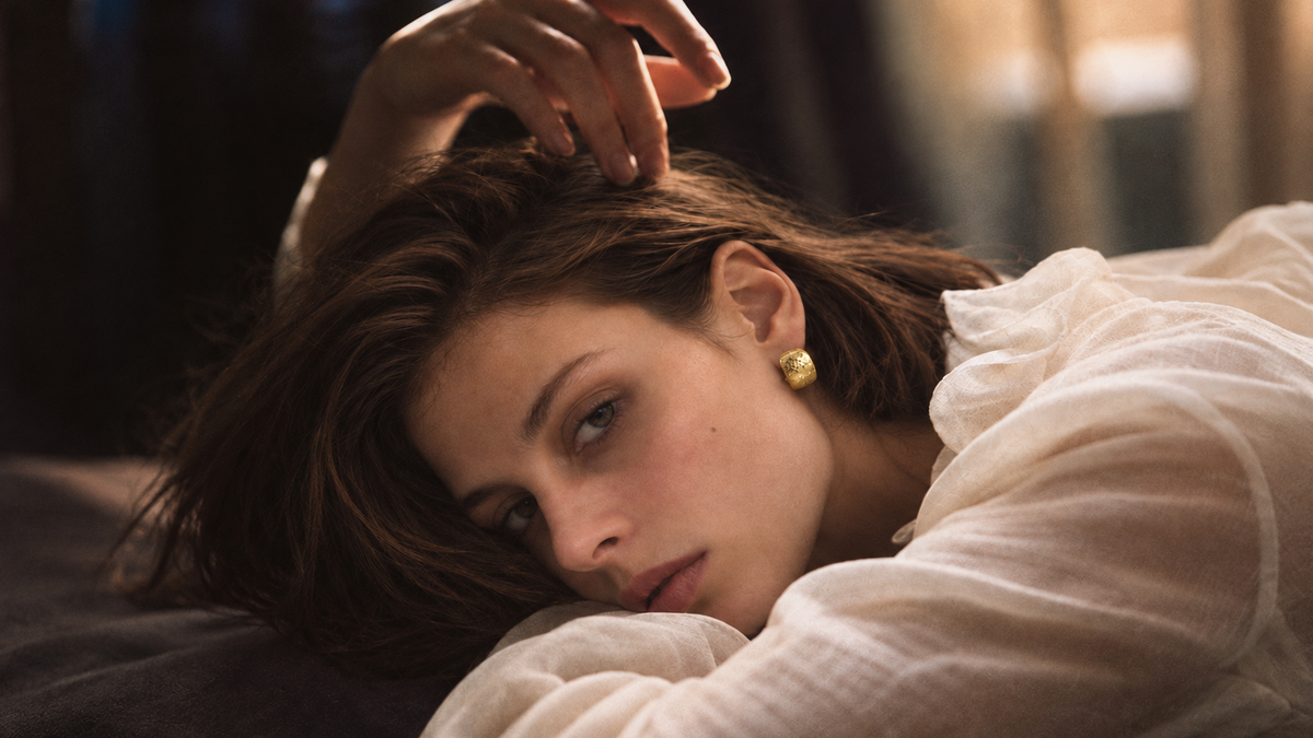 FORM & KIN model wearing gold earrings